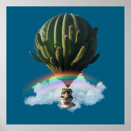 Surreal Cat Hot Air Balloon with Cactus & Rainbow ポスター