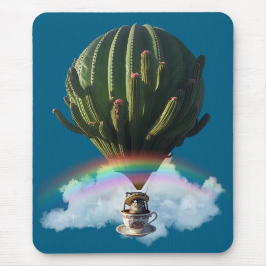 Surreal Cat Hot Air Balloon with Cactus & Rainbow マウスパッド (正面)