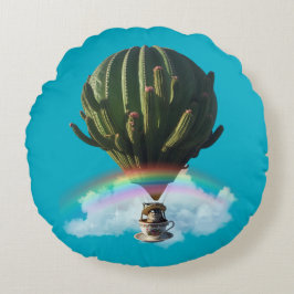 Surreal Cat Hot Air Balloon with Cactus & Rainbow ラウンドクッション