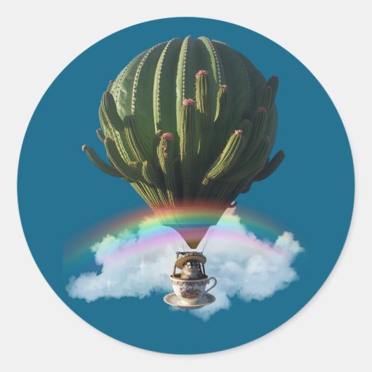 Surreal Cat Hot Air Balloon with Cactus & Rainbow ラウンドシール (正面)