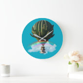 Surreal Cat Hot Air Balloon with Cactus & Rainbow ラージ壁時計 (ホーム)