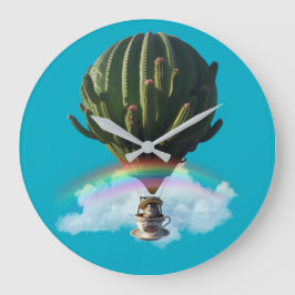 Surreal Cat Hot Air Balloon with Cactus & Rainbow ラージ壁時計