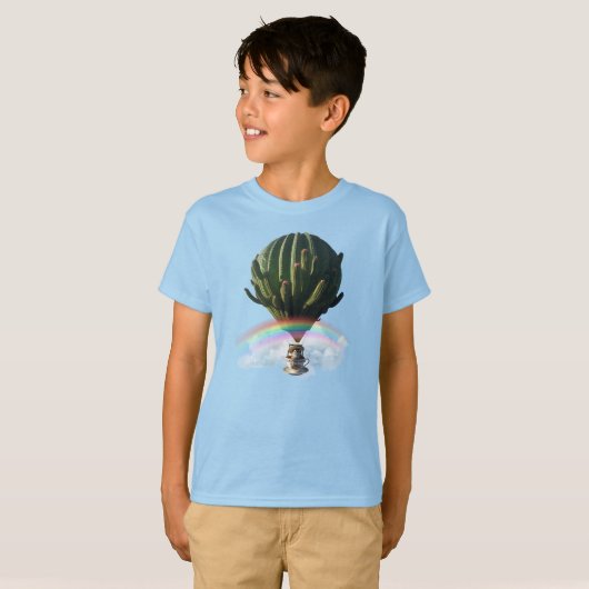 Surreal Cat Hot Air Balloon with Cactus & Rainbow Tシャツ (正面フル)