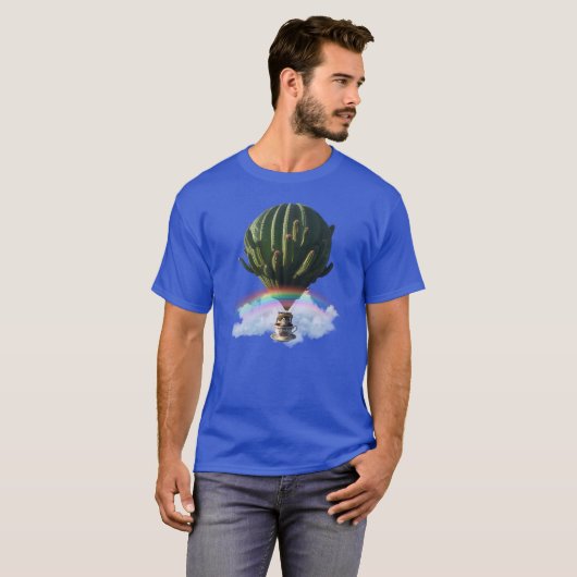 Surreal Cat Hot Air Balloon with Cactus & Rainbow Tシャツ (正面フル)