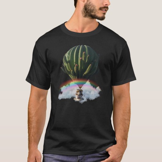 Surreal Cat Hot Air Balloon with Cactus & Rainbow Tシャツ (正面)