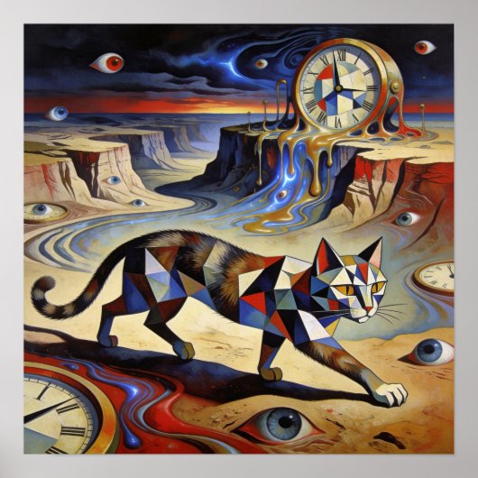Surreal Cat Melting Clocks Dali Picasso Inspired ポスター (正面)