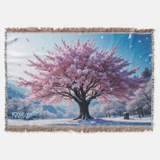 Surreal Cherry Blossom Tree in Snowy Landscape スローブランケット