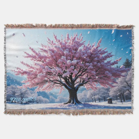 Surreal Cherry Blossom Tree in Snowy Landscape スローブランケット (正面)
