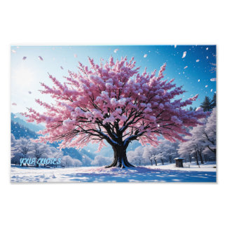 Surreal Cherry Blossom Tree in Snowy Landscape フォトプリント