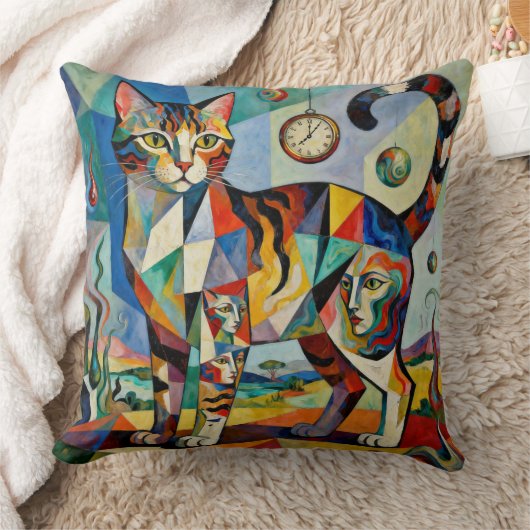 Surreal Cubist Style Cat Art クッション (ブランケット)