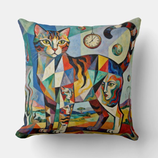 Surreal Cubist Style Cat Art クッション (正面)