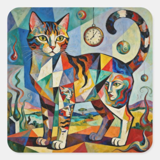 Surreal Cubist Style Cat Art スクエアシール (正面)
