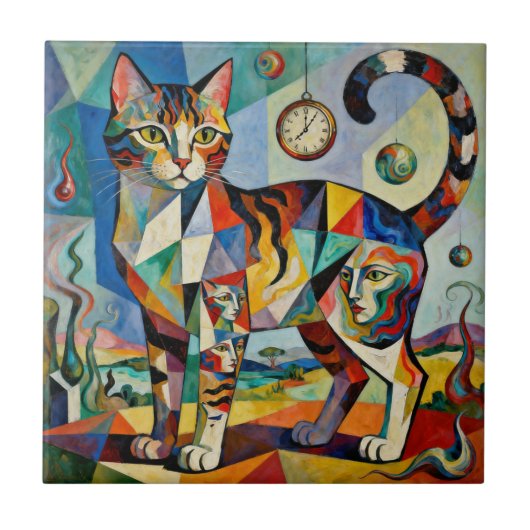 Surreal Cubist Style Cat Art タイル (正面)