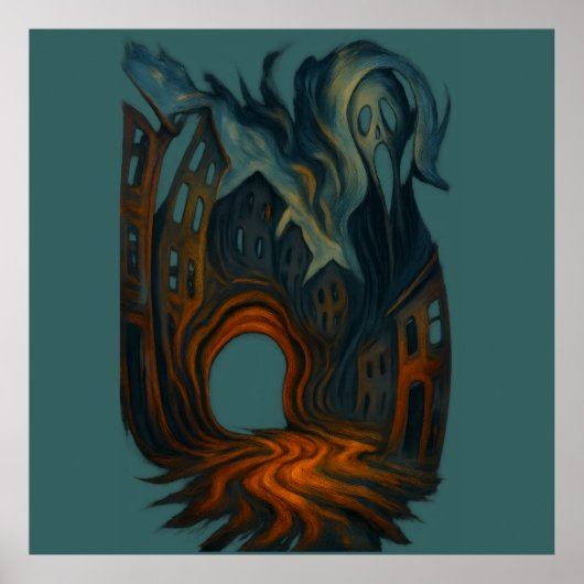 Surreal Dark Cityscape Art Ghostly Figure Painting ポスター (正面)