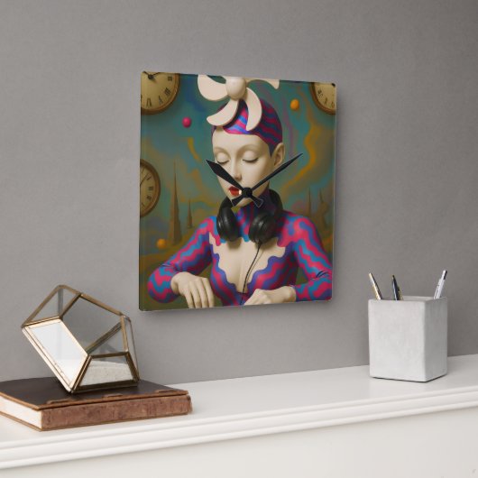 Surreal DJ Girl  Psychedelic Futuristic Art Design スクエア壁時計 (オフィス)