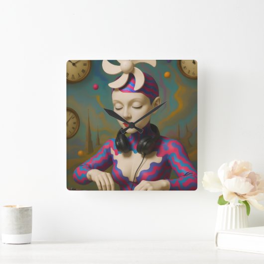 Surreal DJ Girl  Psychedelic Futuristic Art Design スクエア壁時計 (ホーム)