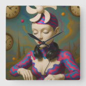 Surreal DJ Girl  Psychedelic Futuristic Art Design スクエア壁時計 (正面)