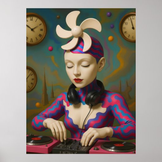 Surreal DJ Girl  Psychedelic Futuristic Art Design ポスター (正面)