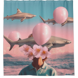 Surreal Dreamscape with Sharks and Balloons シャワーカーテン