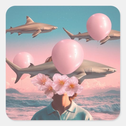 Surreal Dreamscape with Sharks and Balloons スクエアシール (正面)