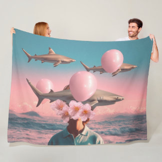 Surreal Dreamscape with Sharks and Balloons フリースブランケット