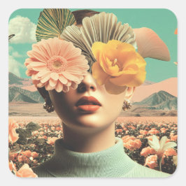 Surreal Female Portrait With Flowers Covering Eyes スクエアシール