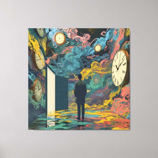 Surreal Figure Room Swirling Clocks Smoke Wall Art キャンバスプリント (正面)