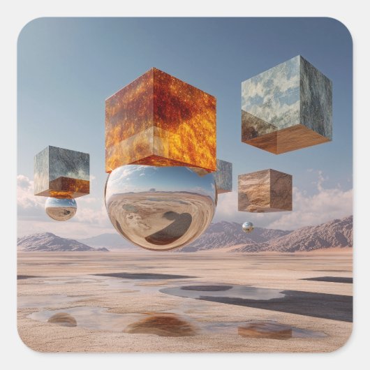 Surreal Floating Cubes And Reflective Sphere スクエアシール (正面)