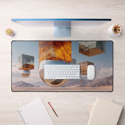 Surreal Floating Cubes And Reflective Sphere デスクマット (オフィス1)