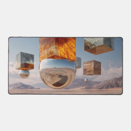 Surreal Floating Cubes And Reflective Sphere デスクマット