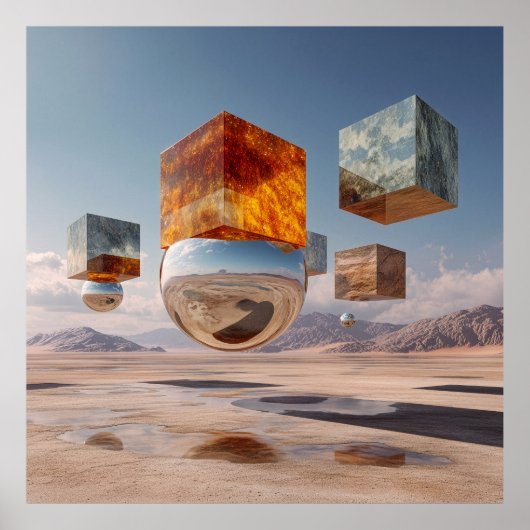 Surreal Floating Cubes And Reflective Sphere ポスター (正面)