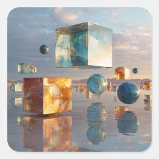 Surreal Floating Cubes And Spheres スクエアシール
