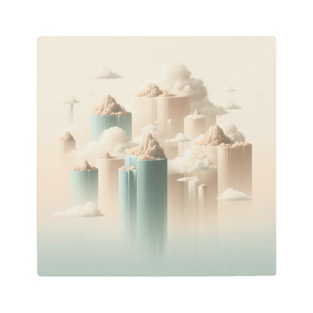 Surreal Floating Islands with Gentle Waterfalls メタルプリント (正面)