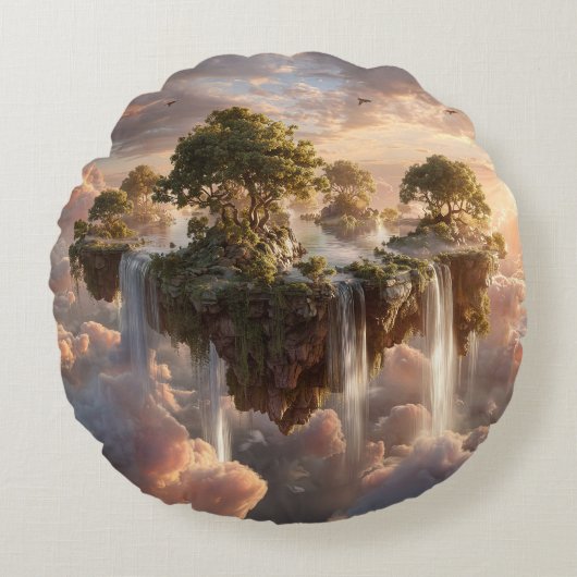 Surreal Floating Islands With Waterfalls ラウンドクッション (正面)