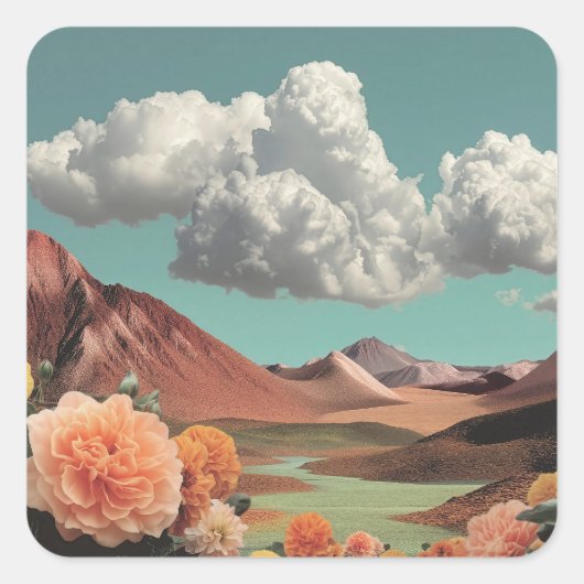 Surreal Floral Mountainscape With Dramatic Clouds スクエアシール (正面)