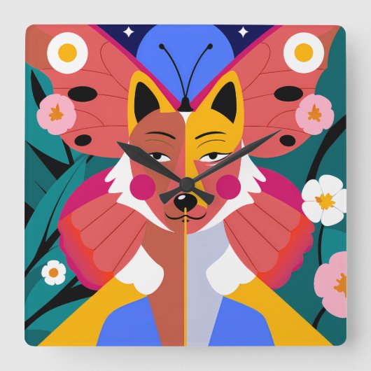 Surreal Fox Butterfly Hybrid with Floral Elements スクエア壁時計 (正面)