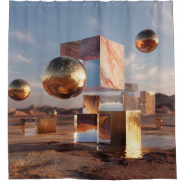 Surreal Geometric Composition With Golden Spheres シャワーカーテン