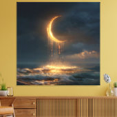 Surreal Golden Crescent Moon Above Ocean キャンバスプリント (インサイチュ (リビング))