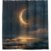 Surreal Golden Crescent Moon Above Ocean シャワーカーテン (正面)
