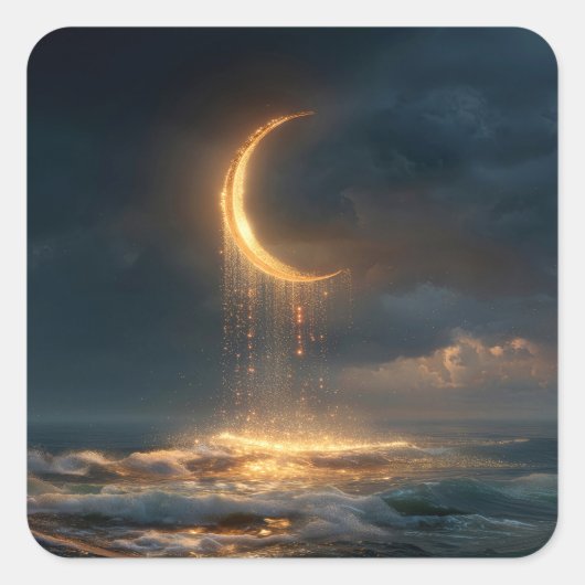 Surreal Golden Crescent Moon Above Ocean スクエアシール (正面)