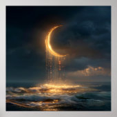 Surreal Golden Crescent Moon Above Ocean ポスター (正面)