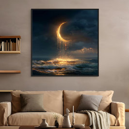 Surreal Golden Crescent Moon Above Ocean ポスター