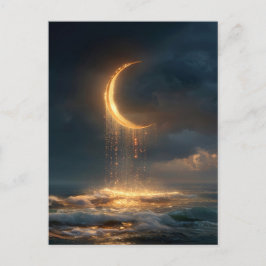 Surreal Golden Crescent Moon Above Ocean ポストカード