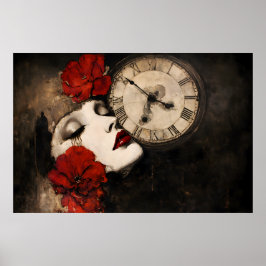 Surreal Gothic Woman with Red Poppies and Vintage  ポスター