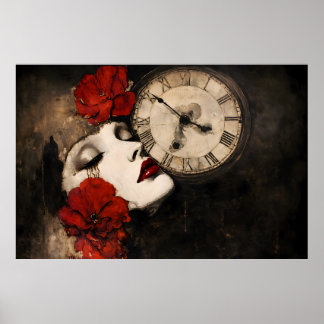 Surreal Gothic Woman with Red Poppies and Vintage  ポスター