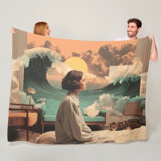 Surreal Interior With Woman and Cat フリースブランケット (インサイチュ)