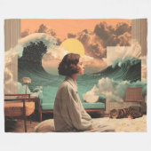 Surreal Interior With Woman and Cat フリースブランケット (正面(横))