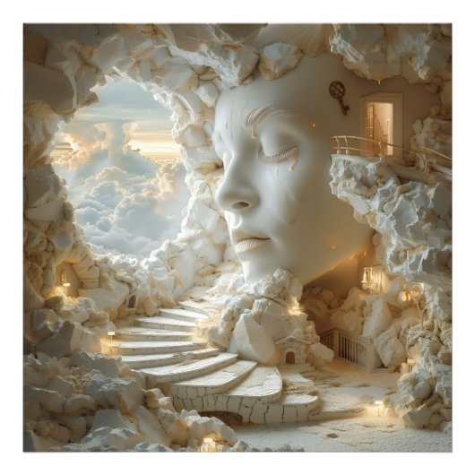 Surreal Marble Head Interior Dreamscape Stairway フォトプリント (正面)