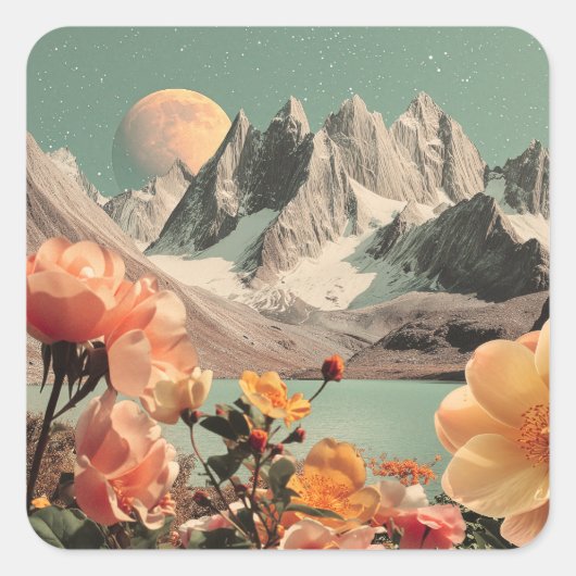 Surreal Mountain Landscape With Blooming Flowers スクエアシール (正面)