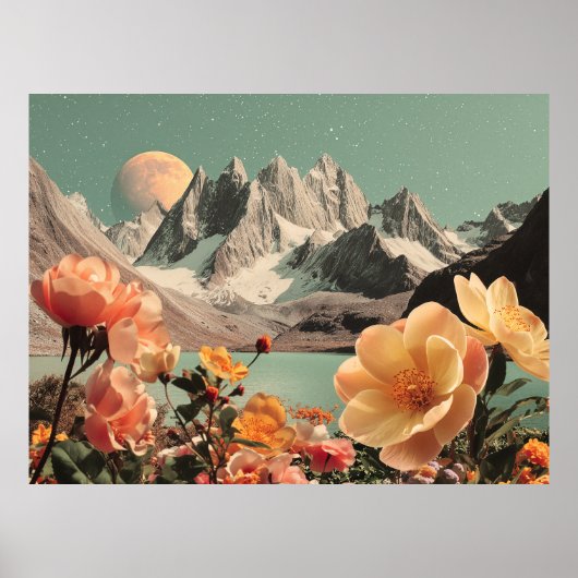 Surreal Mountain Landscape With Blooming Flowers ポスター (正面)